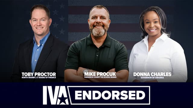Three endorsed candidates with IVA logo: Toby Proctor (North Granby CT Board of Finance), Mike Procuk (Frederick County VA School Board), and Donna Charles (Governor of Virginia) against an American flag background