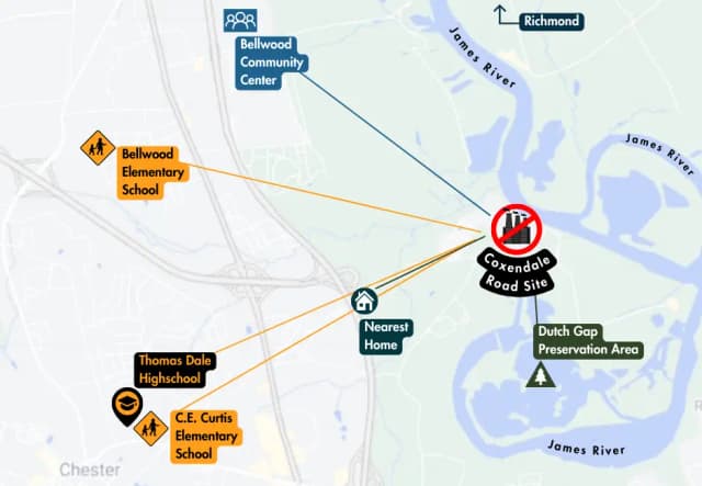 Community members holding signs opposing the Chesterfield Energy Reliability Center gas plant project